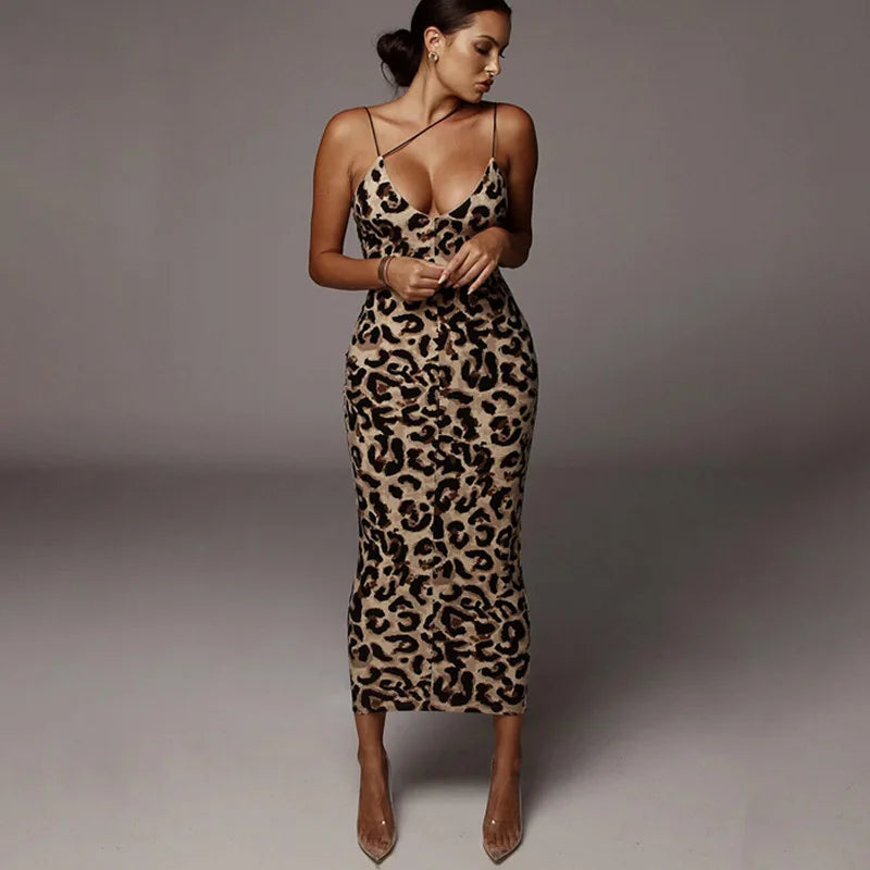Leopard print sleeveless sexy midi dress spring women party outfits