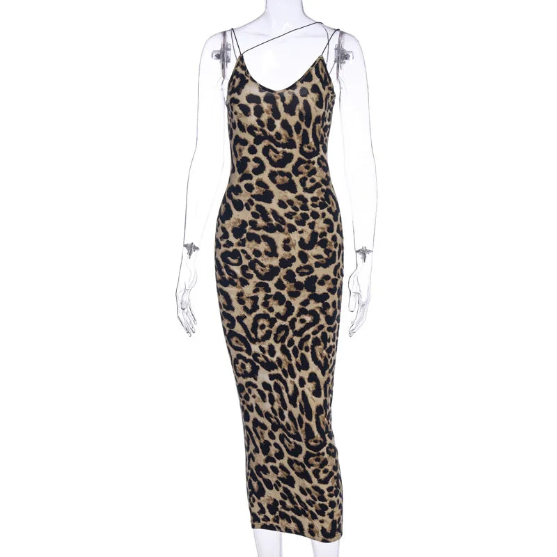 Leopard print sleeveless sexy midi dress spring women party outfits