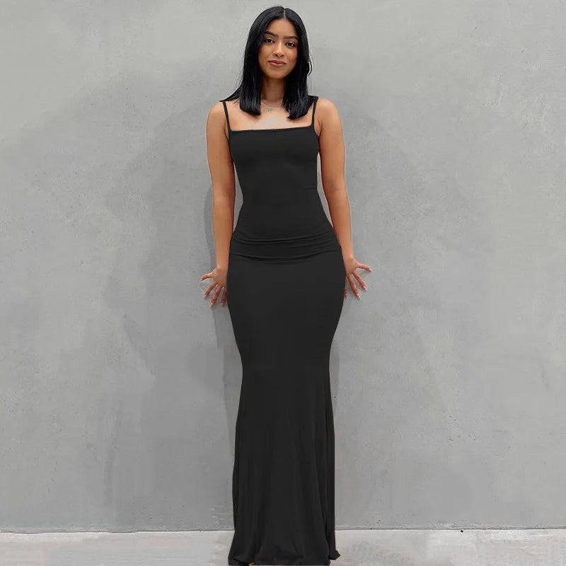 Women's suspender style collarless dress