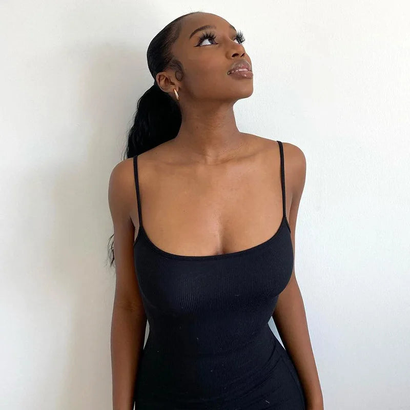 Women's suspender style collarless dress